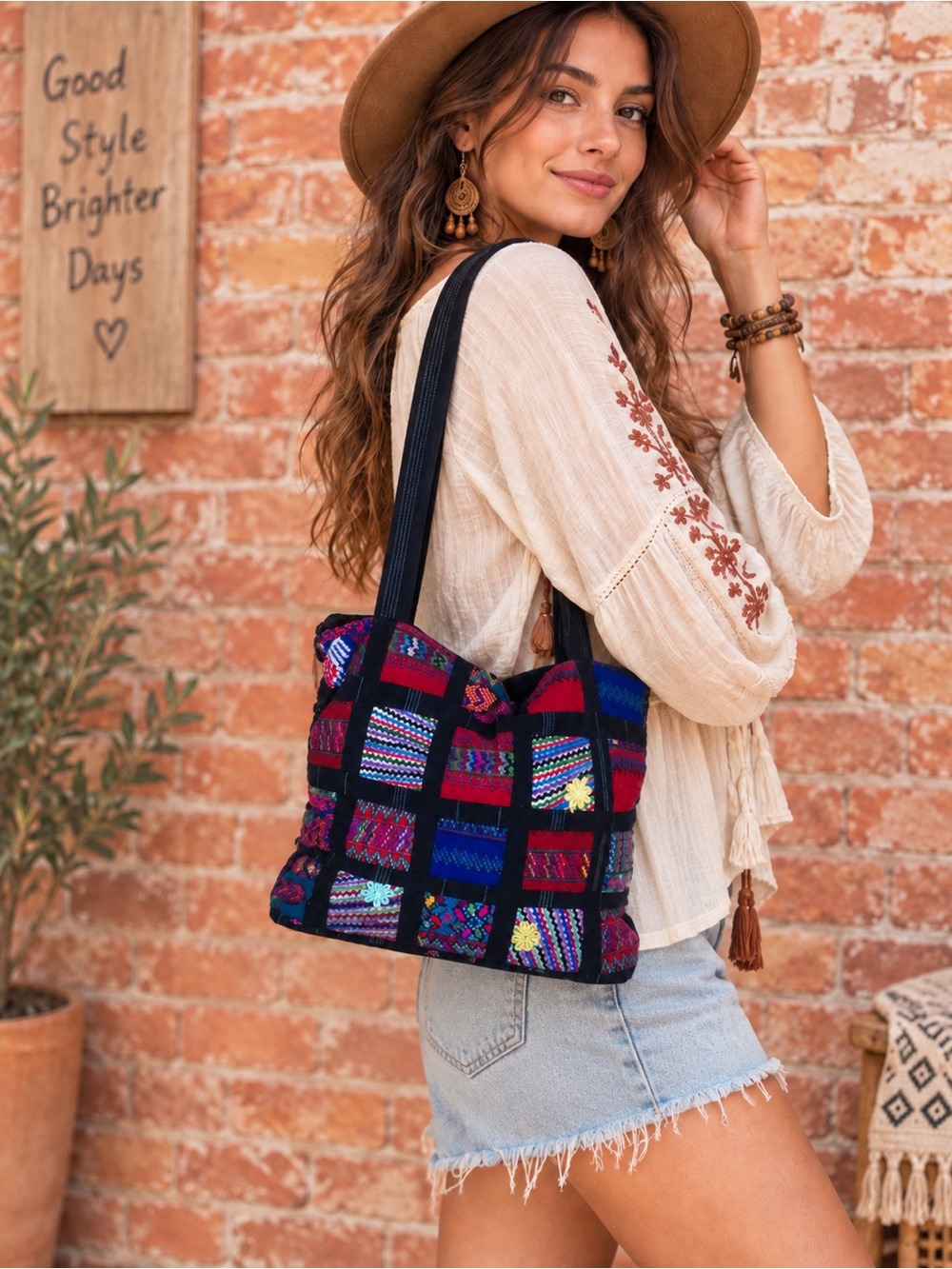 Bamboo Trading Company Huipil Multi-Color Patchwork Boho Tote Bag